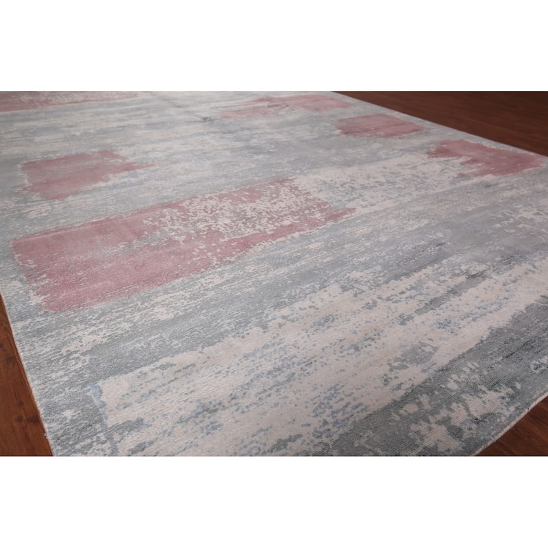 Gray Abstract Indian Area Rug Hand-Knotted Wool Carpet - 8'11"x 11'11"