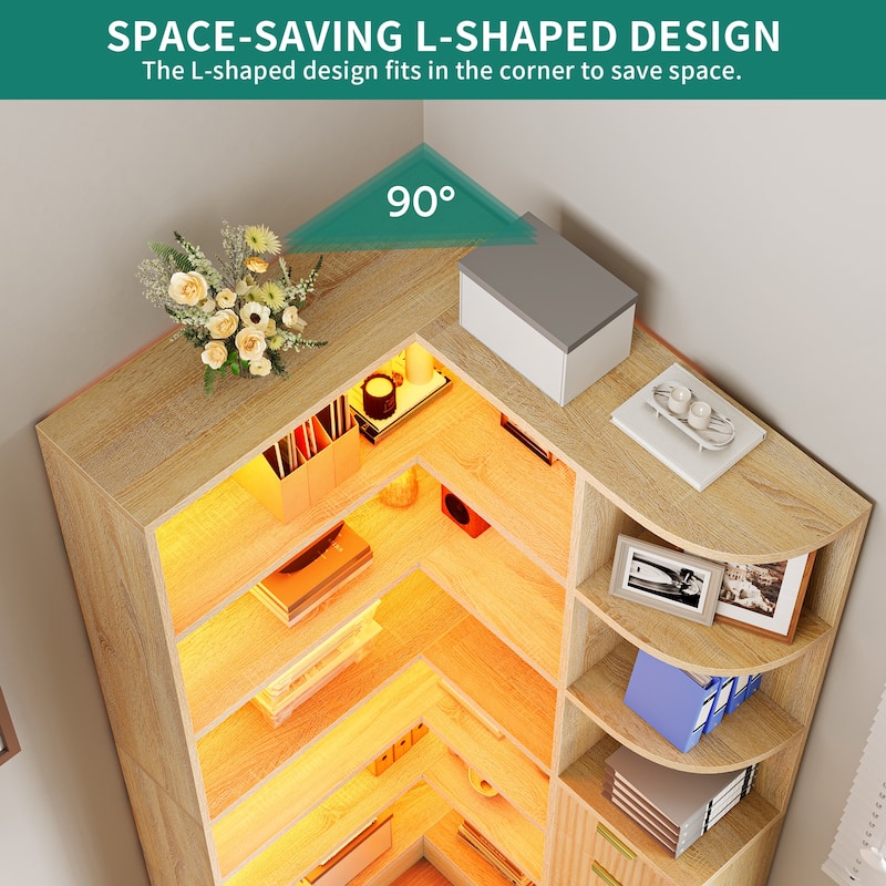 Moasis Modern 6-Tier Corner Bookshelf, 70.9 Inch Industrial Bookcase with Drawers