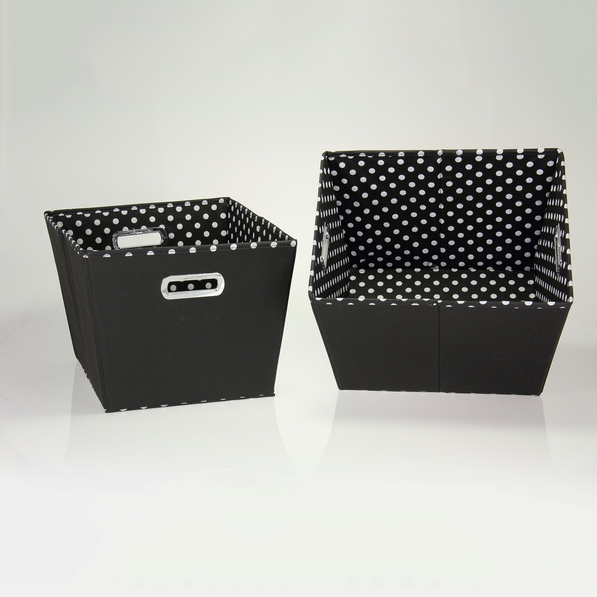 Household Essentials Tapered Bins with Grommet Handles, Black and Polka Dot, Set of 2