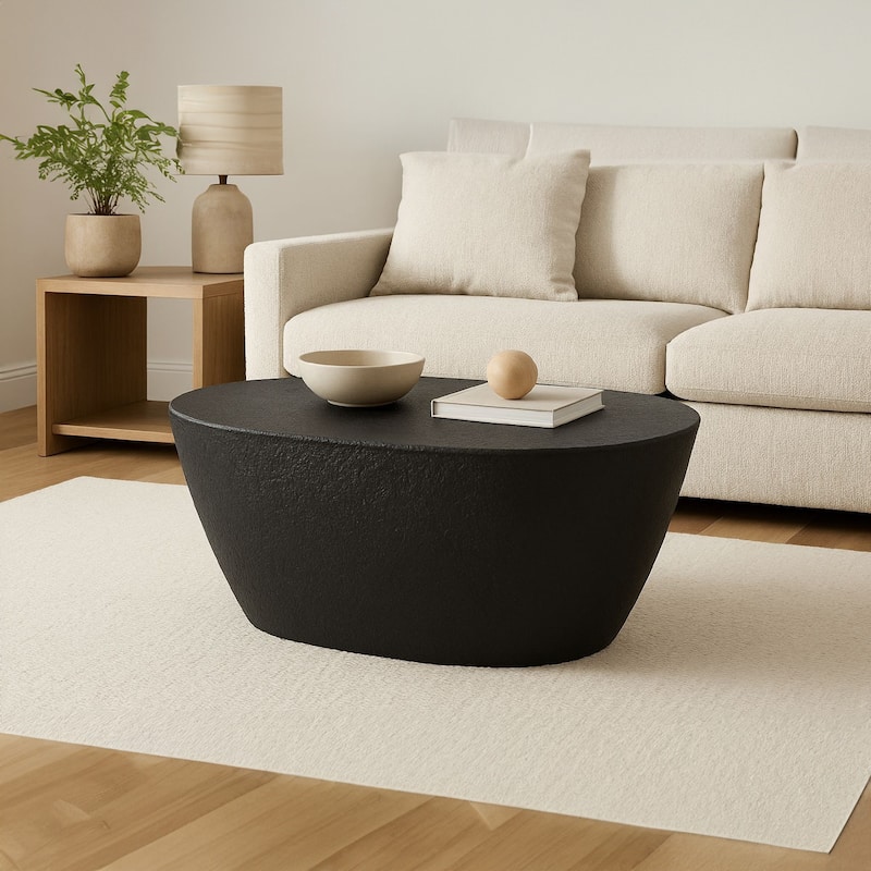 Josi 36 Inch Coffee Table, Handcrafted Hammered Design, Matte Black Sculptural Aluminum Frame