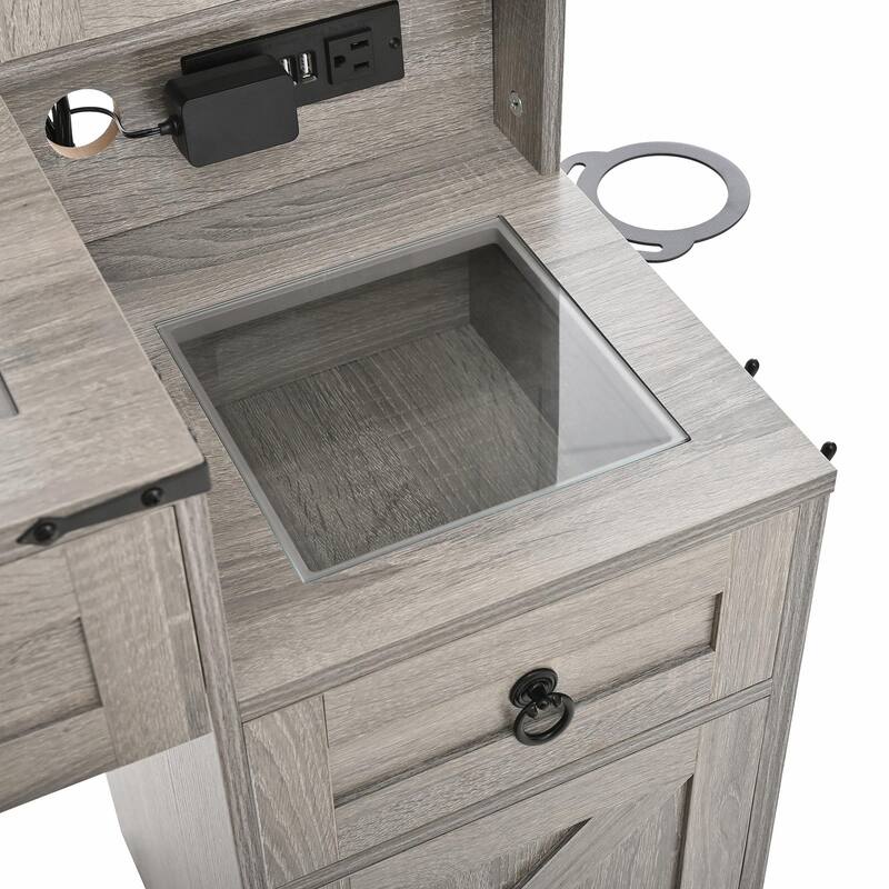 Farmhouse Vanity Desk with Sliding Mirror & Lights, Glass Top Vanity Set