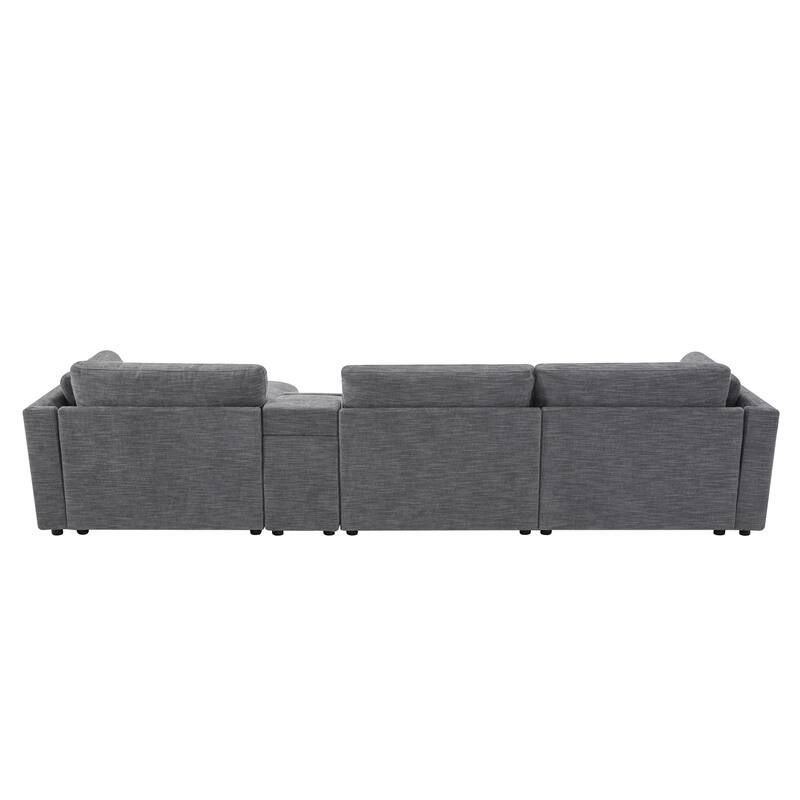 Oversized Modular Sectional Sofa, Chenille 4 Seat Sofa with Storage Console & Movable Ottoman, Comfy Sofa with 4 Pillows