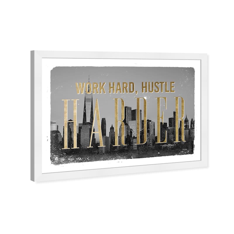 Wynwood Studio Prints Typography and Quotes Work Hard Hustle City Gray and Metallic Gold Glam Wall Art Canvas Print
