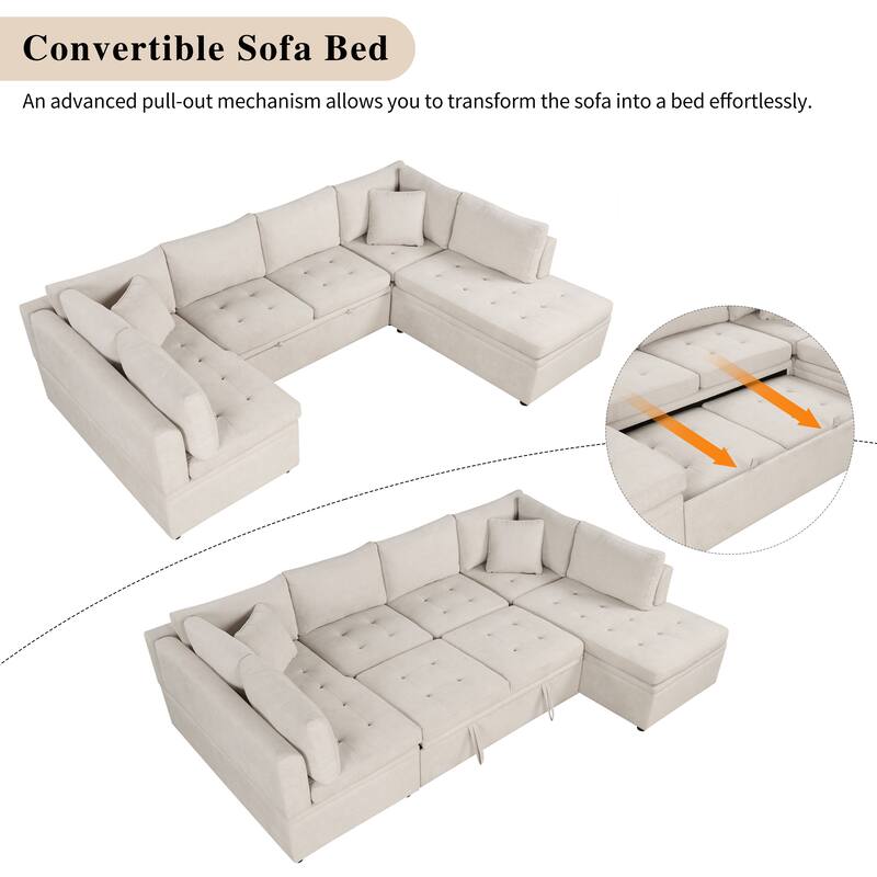 117" U-Shaped Oversized 6-Seat Sectional Sofa with Chaise, Pull-Out Bed, and 2 Detachable Throw Cushions