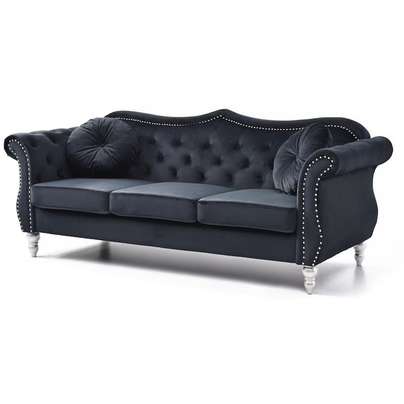 Tufted Velvet Chesterfield 3-Seater Sofa with Throw Pillows - 82" - Black