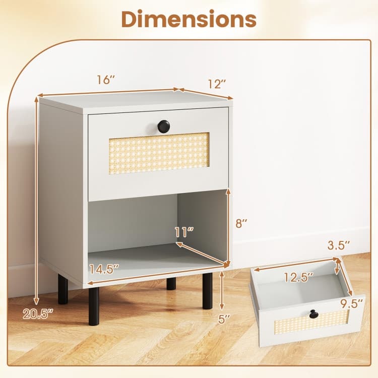 Set of 2 Rattan Nightstand End Table with Rattan Drawer and Open Shelf