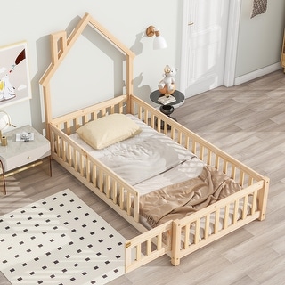 Toddler Floor Bed with House-Shaped Headboard, Fence and Door, No Slats House Floor Bed Frame for Children's Room Kids Bed