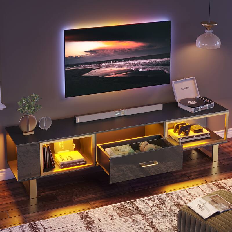 70" Led TV Stand for 75/80 inch TV, Glossy Media Console with Half-Glass Drawer