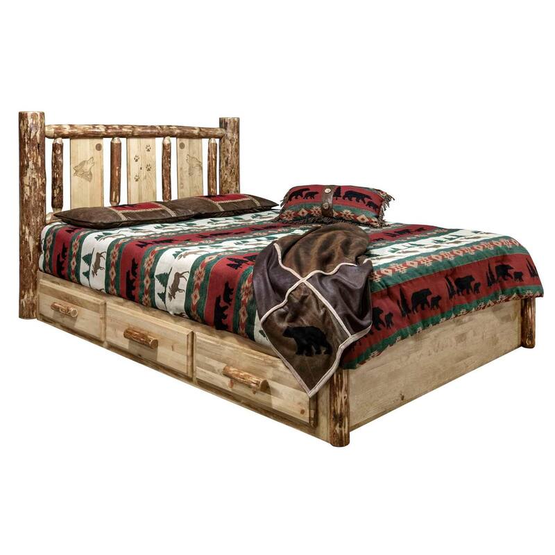 Rustic Platform Bed with Storage & Wolf Design - Wood Bed Frame, No Box Spring Needed - 91" x 66"