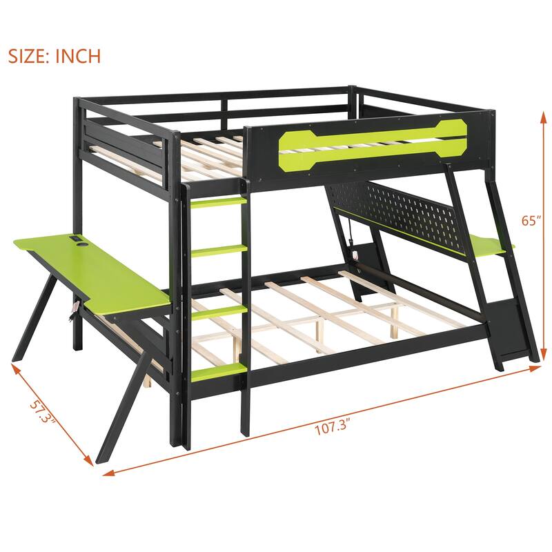 E-sports Inspired Bunk Bed with 2 Built-In Gaming Desks, USB Desktop Ports and Pegboard Organizer, Bunk Frame for Teens Gamer