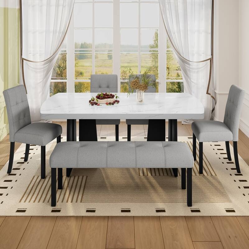 6 Piece Modern Dining Table Set, 63" Faux Marble Dining Table and 4 Upholstered Tufted Dining Chairs