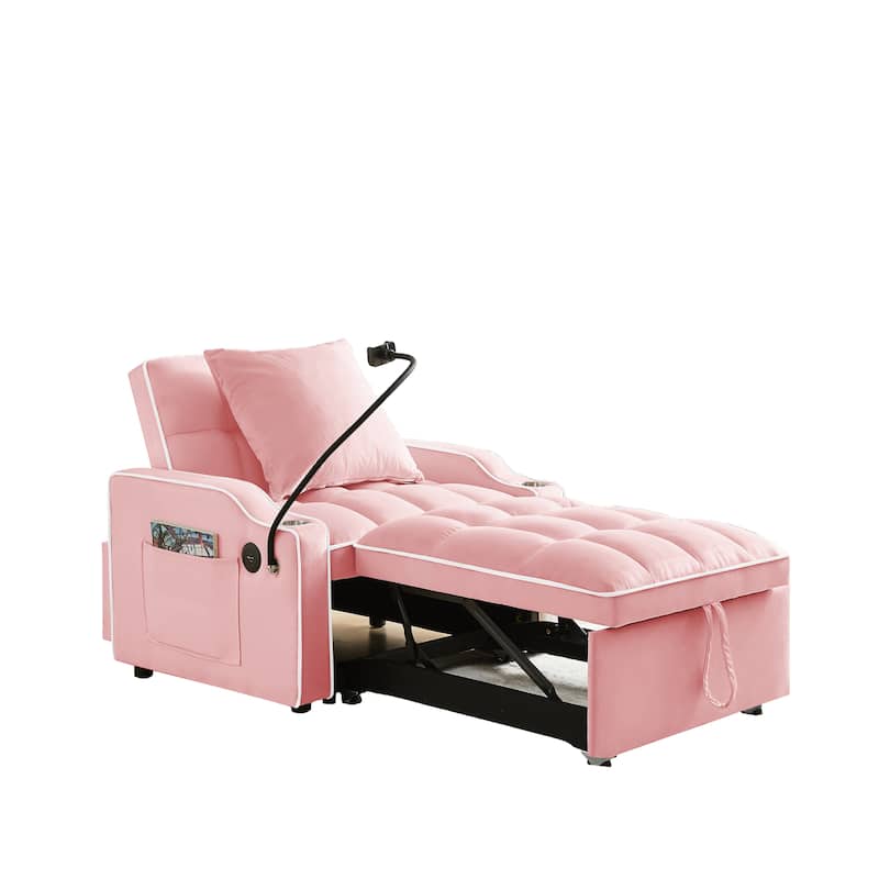Single Sofa Armchair 3-in-1 Pull Out Sleeper Sofa Bed Velvet Chaise Lounge with USB, Phone Stand, Cup Holders and Side Pockets