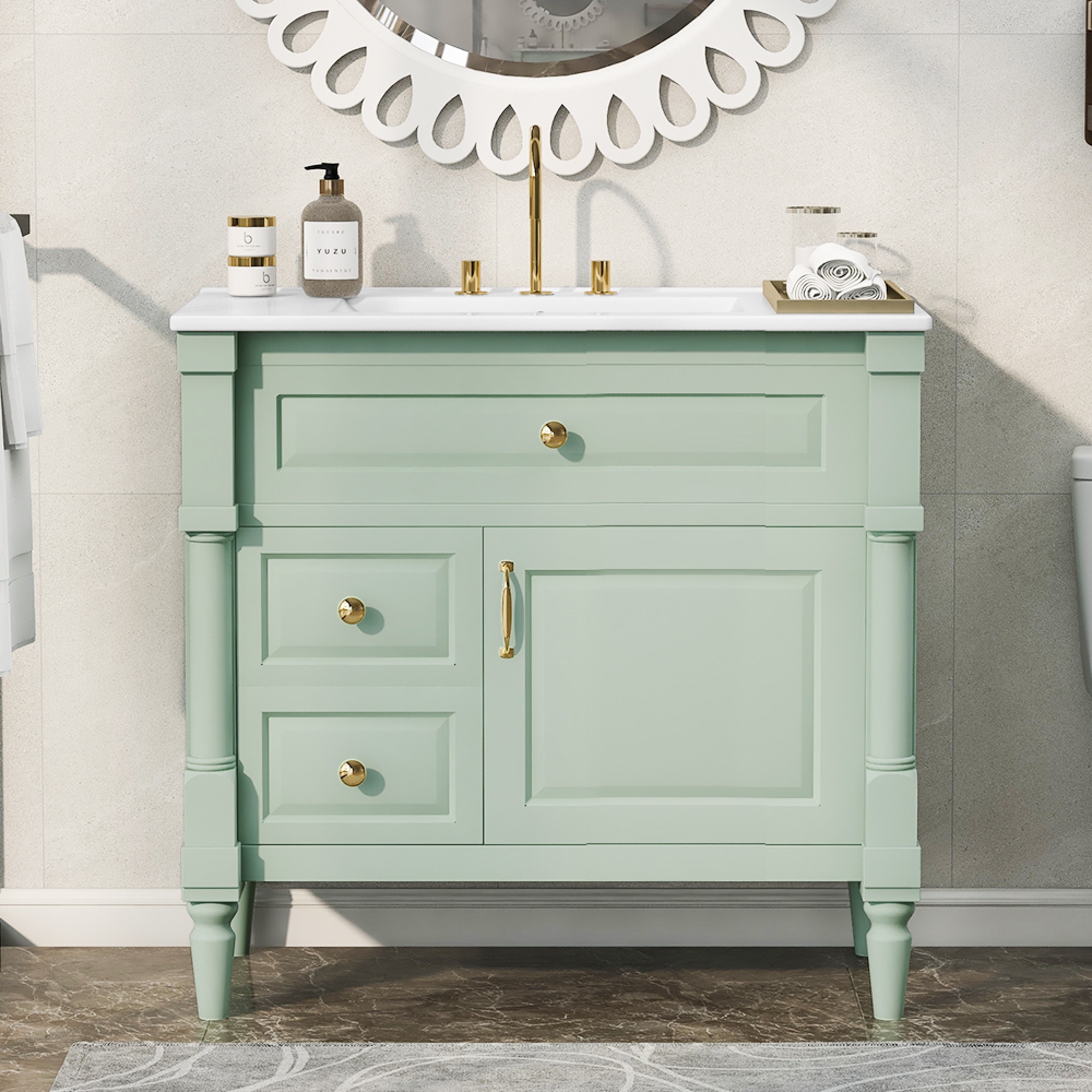 Roomfitters 36" Bathroom Vanity with Sink, Solid Wood Frame, Flip Drawer, 2 Drawers & Door Rack