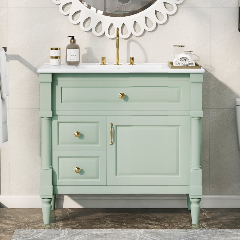 Roomfitters 36" Bathroom Vanity with Sink, Solid Wood Frame, Flip Drawer, 2 Drawers & Door Rack - Green