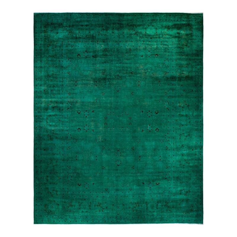 Overton Handknotted Wool Vintage Inspired Contemporary Overdyed Green Area Rug - 15' 6" x 12' 3"