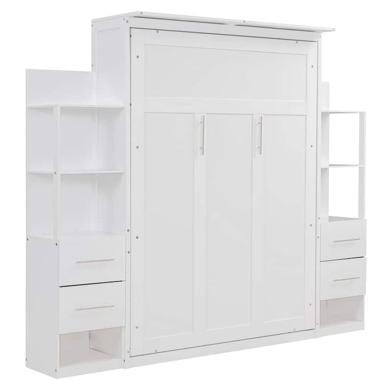 Full Size Murphy Bed Wall Bed with Shelves, Drawers and LED Lights