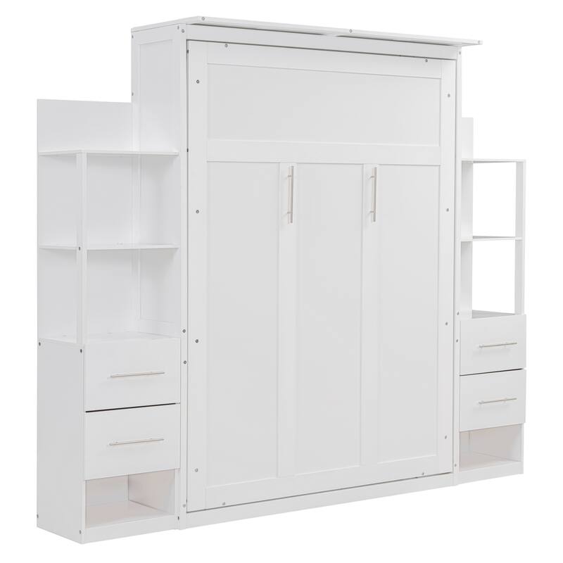 Murphy Bed Foldable Bed with Two 4-Layer Shelves Space Optimizing Wall Bed with 4 Drawers and LED Lights for Bedroom Apartment