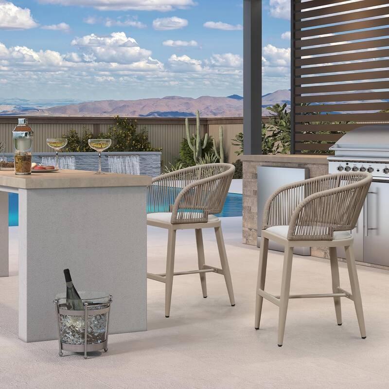 PURPLE LEAF Outdoor Bar Stools Chair Set of 2, All Weather Rattan and Aluminum Patio Bar Stool with Cushion - Cream-counter stool