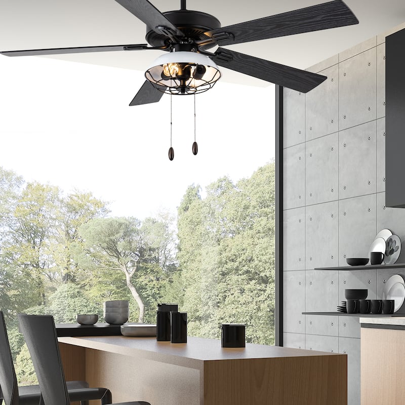 Hudson River of Goods White and Black Metal 52-inch 2-Light Ceiling Fan - 52" x 52" x 13.5"/18.5"