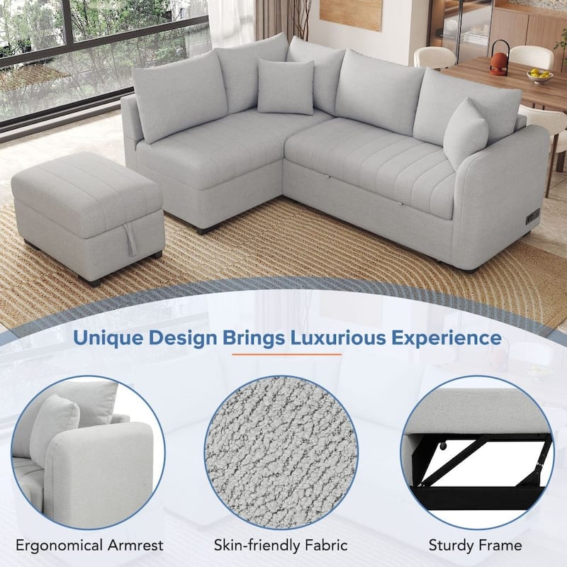 82.6" L-Shaped Sectional Pull Out Sofa Bed Sleeper Sofa with Two USB Ports, Two Power Sockets and A Movable Storage Ottoman