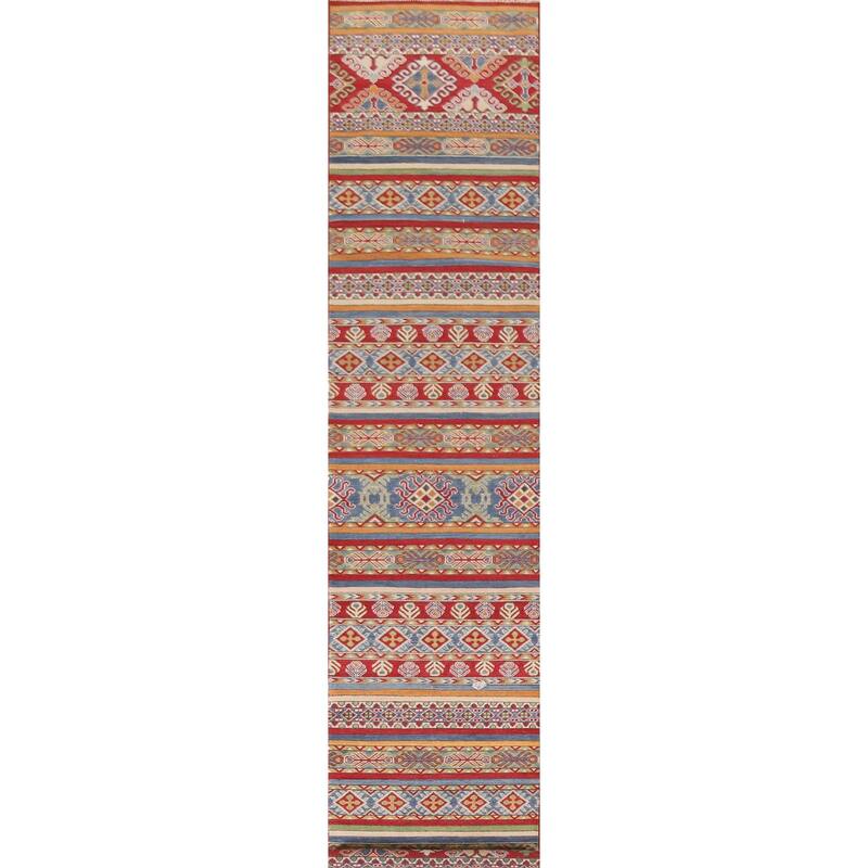 Hand Knotted Oriental 100% Wool Carpet Traditional All-Over Multi-Colored Kazak Runner Rug - 13' 11'' X 2' 6''