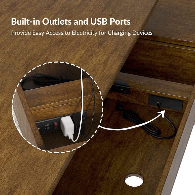 Alfons Industrial L-shaped Lift Top Cane Executive Office Desk with Drawers and Built-In Outlets by HULALA HOME