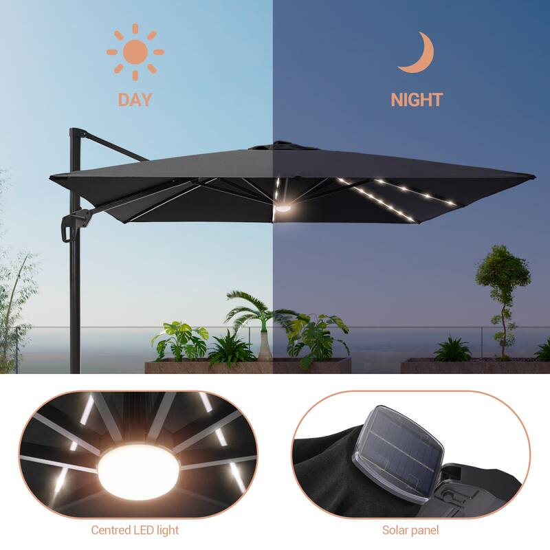LIVOOSUN Patio10x10FT LED Aluminum Cantilever Umbrella Solution-Dyed Fabric w/Base