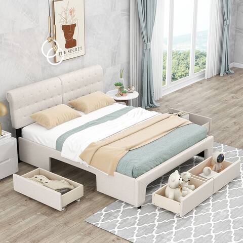 Queen Size Tufted Upholstery Platform Bed with 4 Drawers, Beige