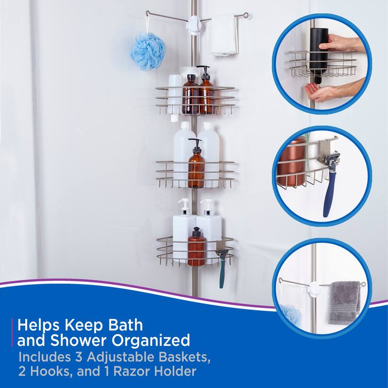 Kenney 3-Tier Spring Tension EasySlide Adjustable Shower Corner Pole Caddy - Brushed Nickel