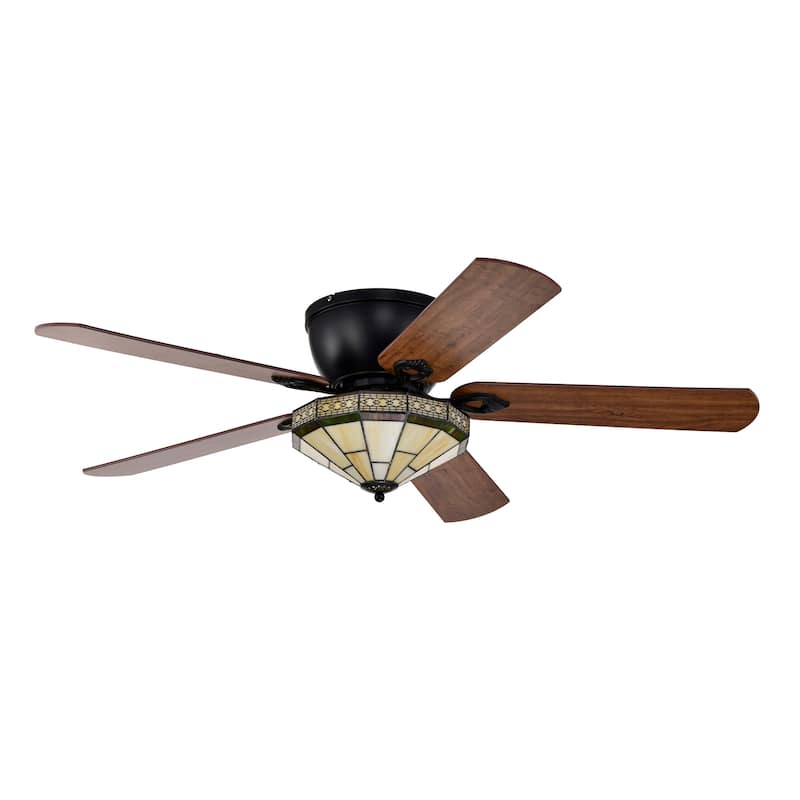 Margno 52-Inch Flushmount Lighted Ceiling Fan Jewel Cut Design Tiffany Glass Lamp Black Finish
