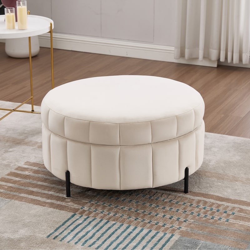 31.5"W Upholstered Round Ottoman With Reversible Lid, Velvet Storage Stool, Channel Tufted Pumpkin-shape Footstool