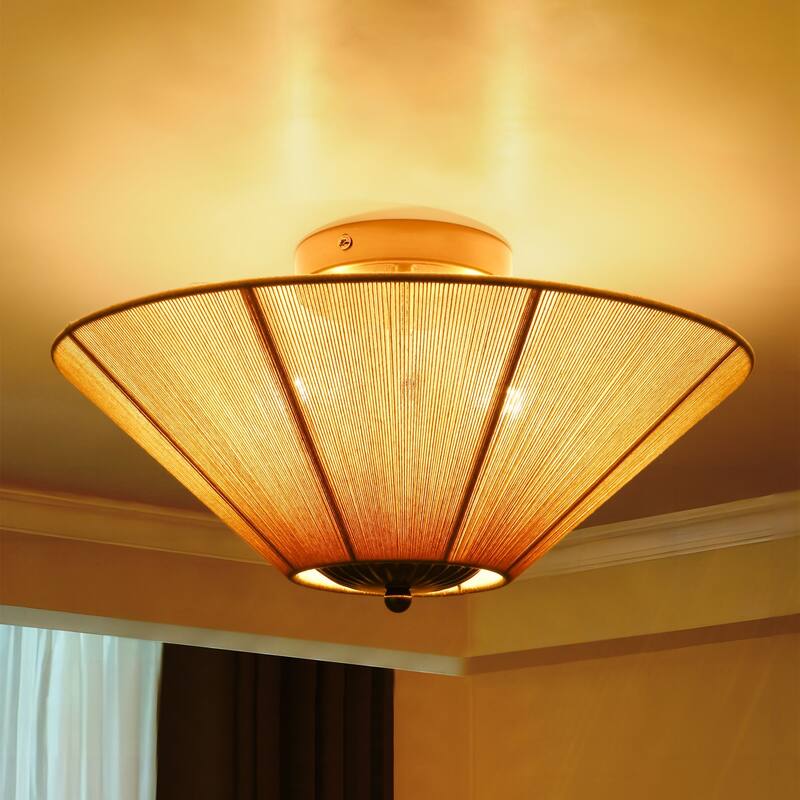 2-Light Modern Contempoary Beige Hand-Woven Shade Semi-Flush Mount Ceiling Light - 14.96 in. W x 7.87 in. H x 14.96 in. D