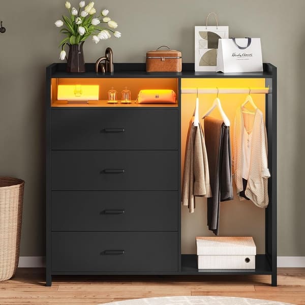 modern dresser with clothing rack Raybee Portable Closet Organizer with 4 Drawers, Freestanding/Rolling Reibii