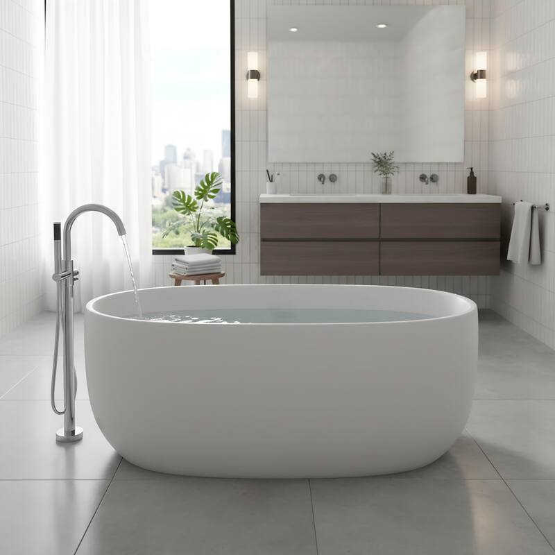 Solid Surface Freestanding Soaking Bathtub with Center Drain and Pop-up Drain, Modern Tubs with Overflow