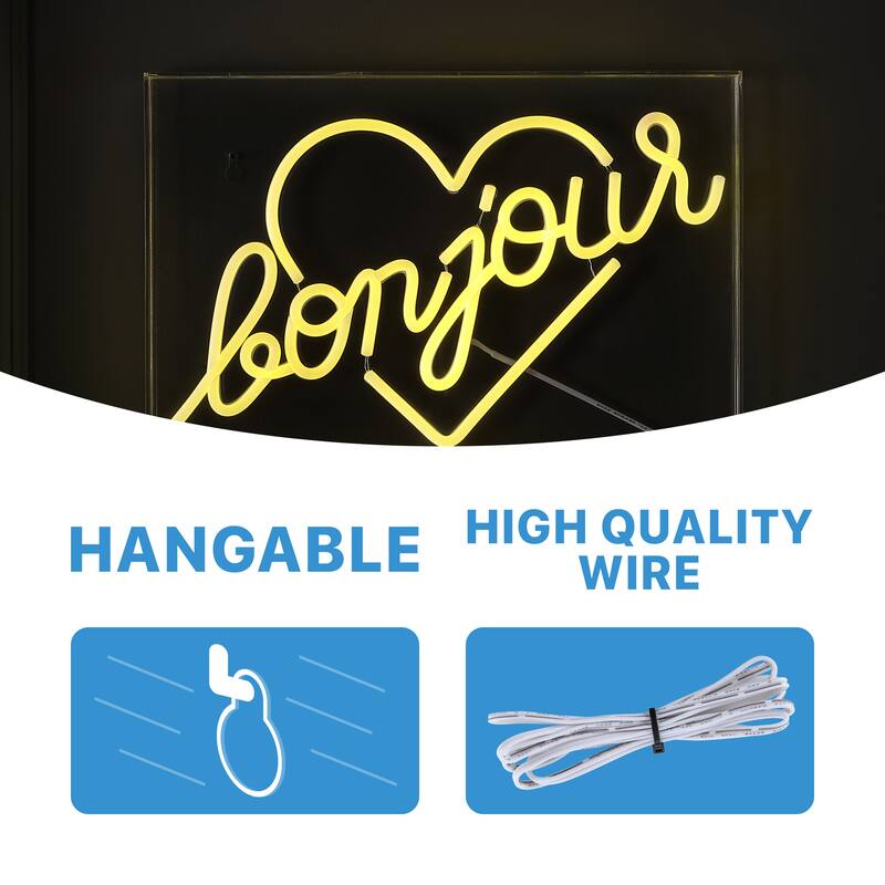 Bonjour Heart 15" X 10.3" Contemporary Glam Acrylic Box USB Operated LED Neon Light, Yellow by JONATHAN Y - 15" X 10.3"
