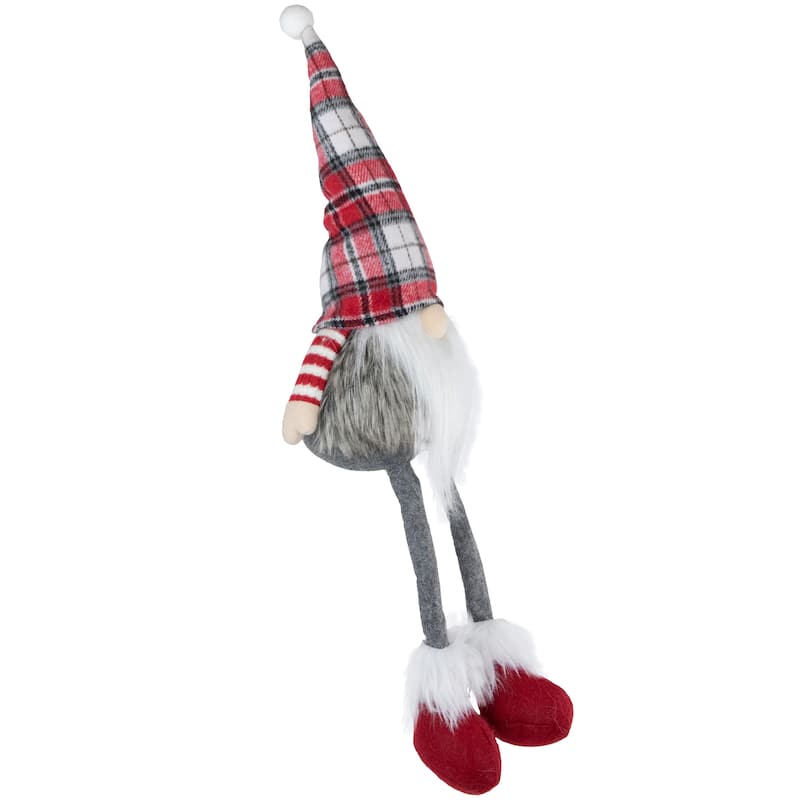 20.5" Red Gray and White Plaid Sitting Gnome Christmas Decoration