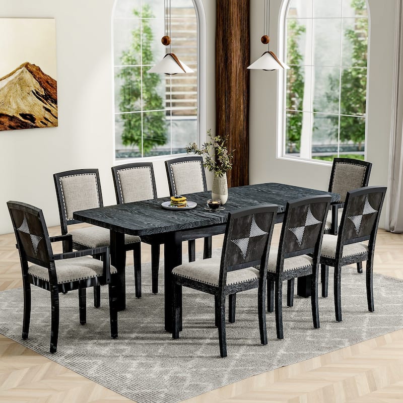 Roomfitters Rustic Extendable 9-Piece Dining Table Set with 24" Leaf, Upholstered Armless and Padded Arm Chairs