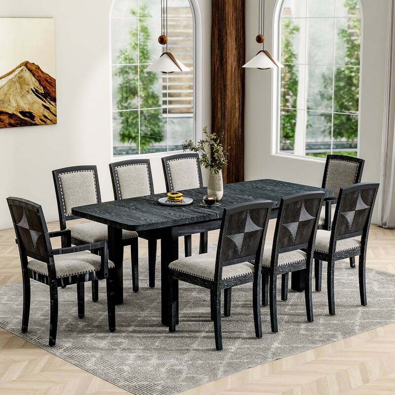 Vintage Kitchen Table and Chair Set, Dining Armchairs with Nailhead Trim, Extendable Dining Table with 6 Armless Chairs