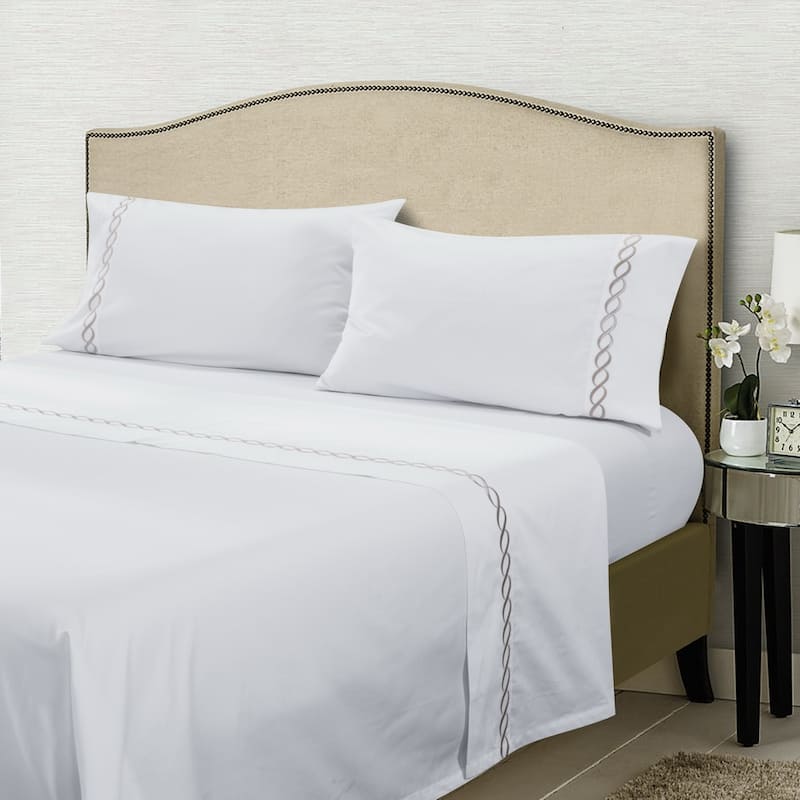 WHOLINENS Cotton Sateen Sheet Set 4Pcs 500 Thread Count Hotel Collection - Queen - White-Gold