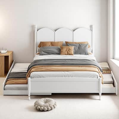 Rustic Queen Bed with Drawers and Pull-Out Twin XL Trundle, Solid Pine Platform Bed with Storage