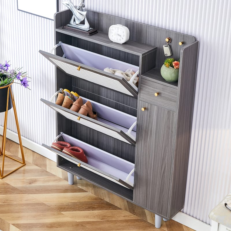 Stylish MDF Rattan Bed Top Cabinet, Shoe Rack Storage Cabinet for Bedroom, Hallway, Entryway with Retro Aesthetic