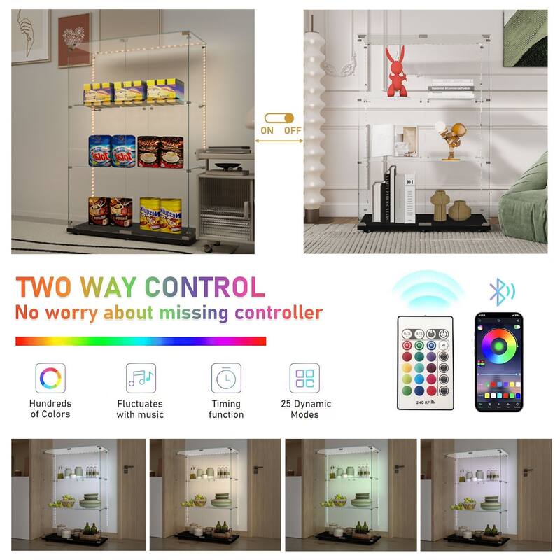 Tempered Glass Display Cabinet, File Cabinet, Tempered Glass Top, Bluetooth LED Light Strip, with Door Lock