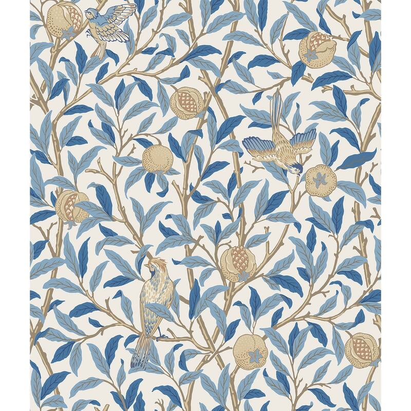 Bird and Pomegranate Woad Peel and Stick Wallpaper