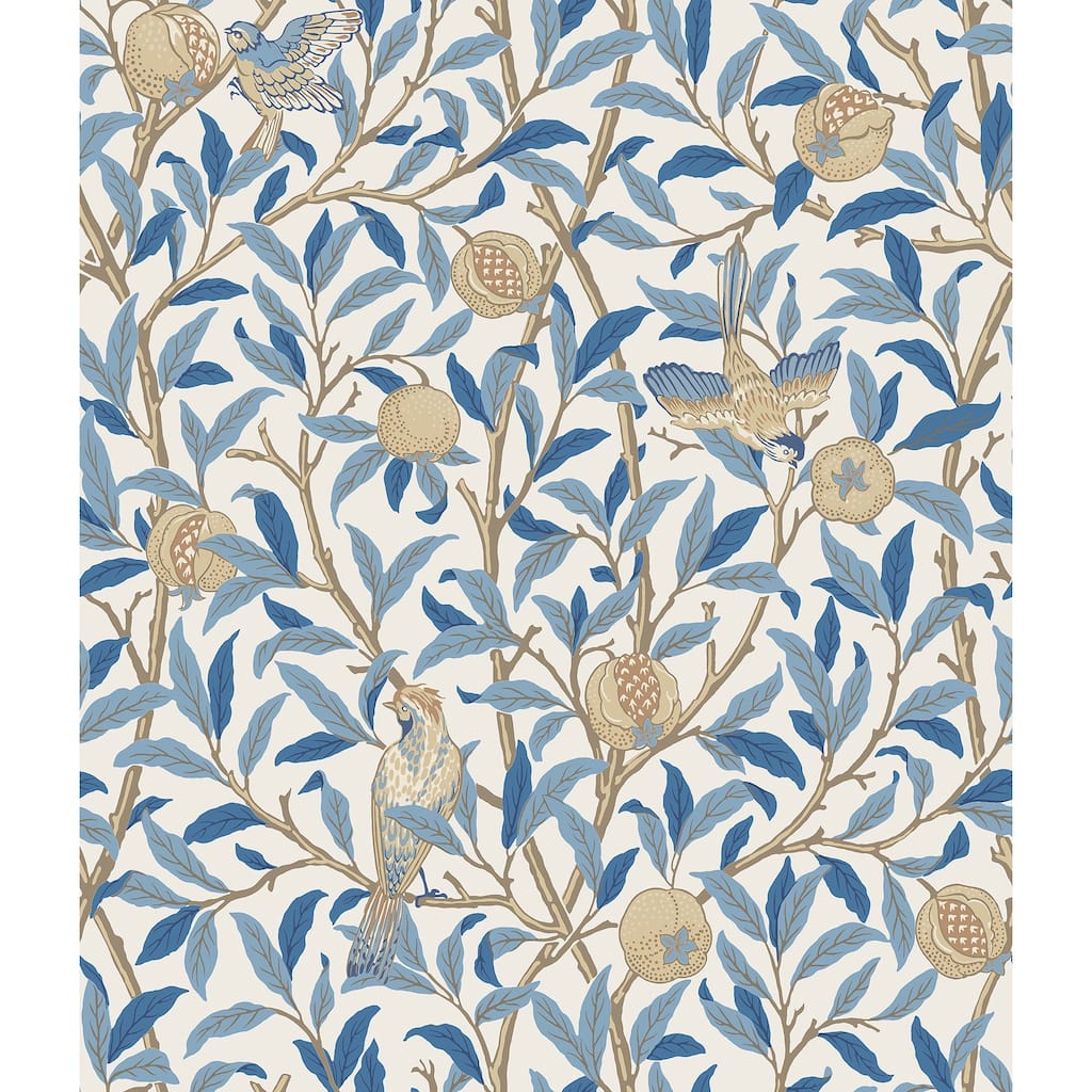 Bird and Pomegranate Woad Peel and Stick Wallpaper