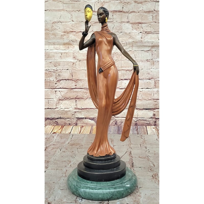 J. Erte Art Deco Bronze Lady With Mask – Elegant Figurine In Flowing Dress On Marble Base