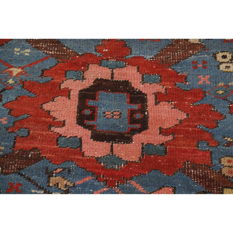 Hand Knotted Oriental 100% Wool Carpet Traditional Geometric Navy Blue & Blues Heriz Area Rug - 8' 5'' X 7' 11''