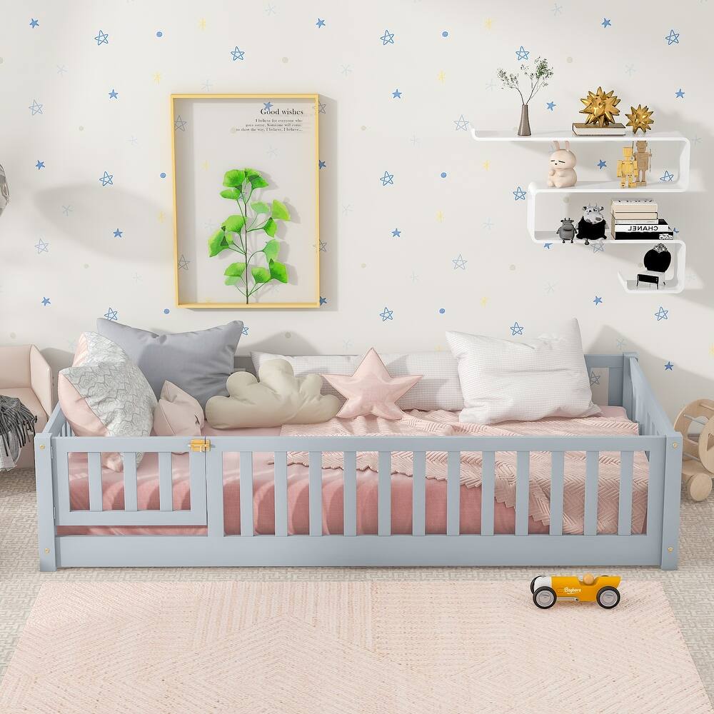 Twin Size Rubber Wood Floor Panel Bed with Safety Fence and Door