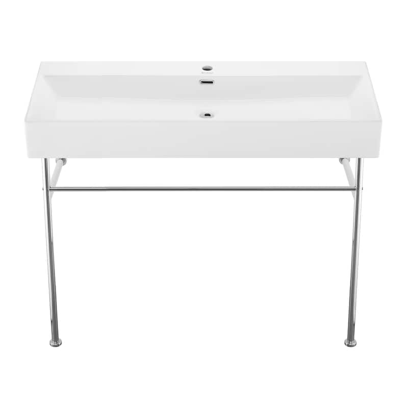 Reims 40 Ceramic Console Sink White Basin Chrome Legs - 39.35" x 16.55" 35.45"