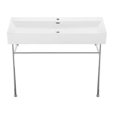 Reims 40 Ceramic Console Sink White Basin Chrome Legs - 39.35" x 16.55" 35.45"