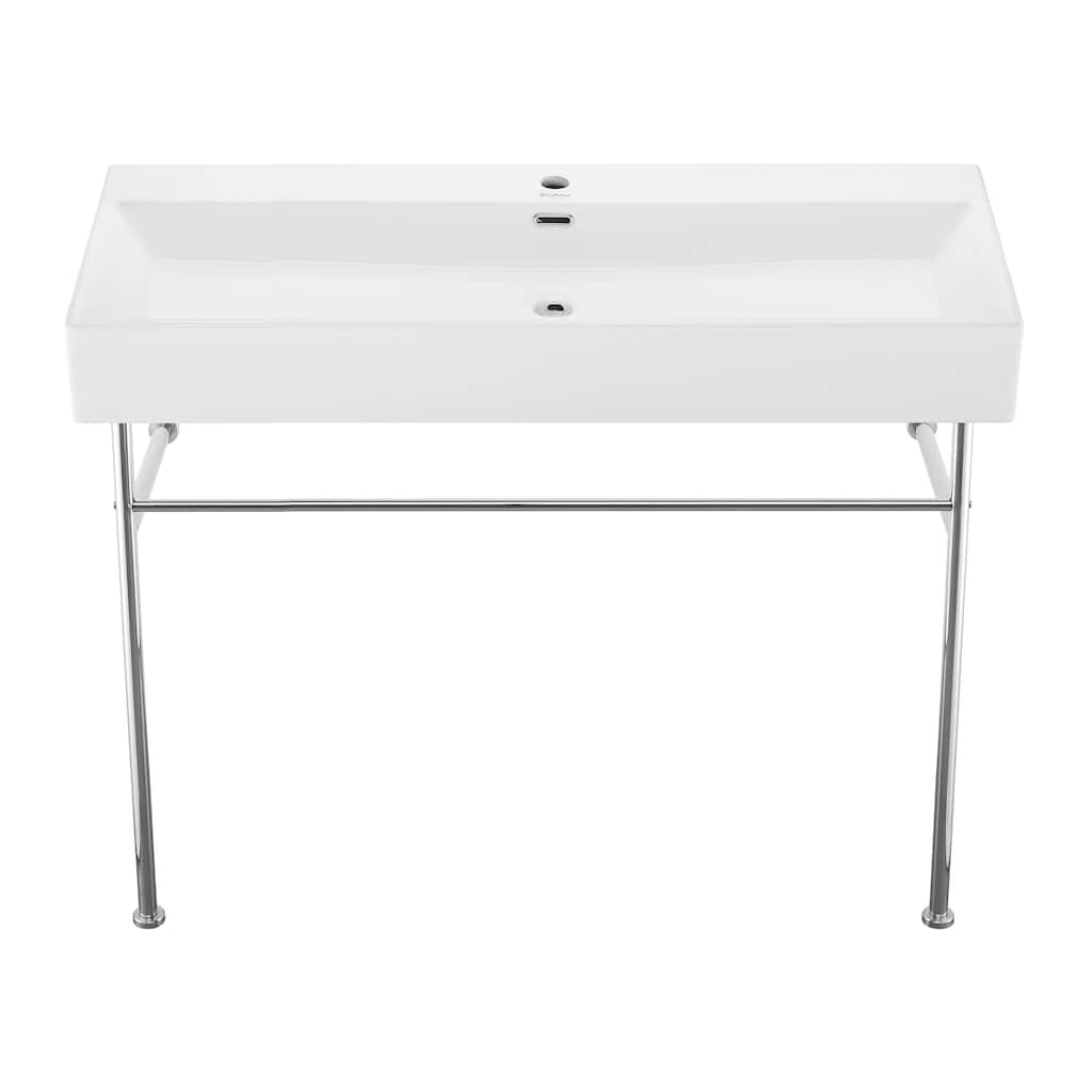 Reims 40 Ceramic Console Sink White Basin Chrome Legs - 39.35" x 16.55" 35.45"